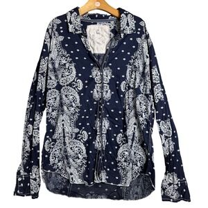 Cinco Navy Paisley Print Long Sleeve Button Up Shirt Medium bandana boho Cotton